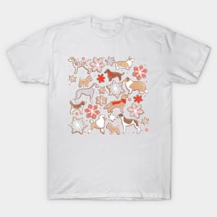 Catching ice and sweetness // spot // white background gingerbread white brown grey and dogs and snowflakes neon red details T-Shirt